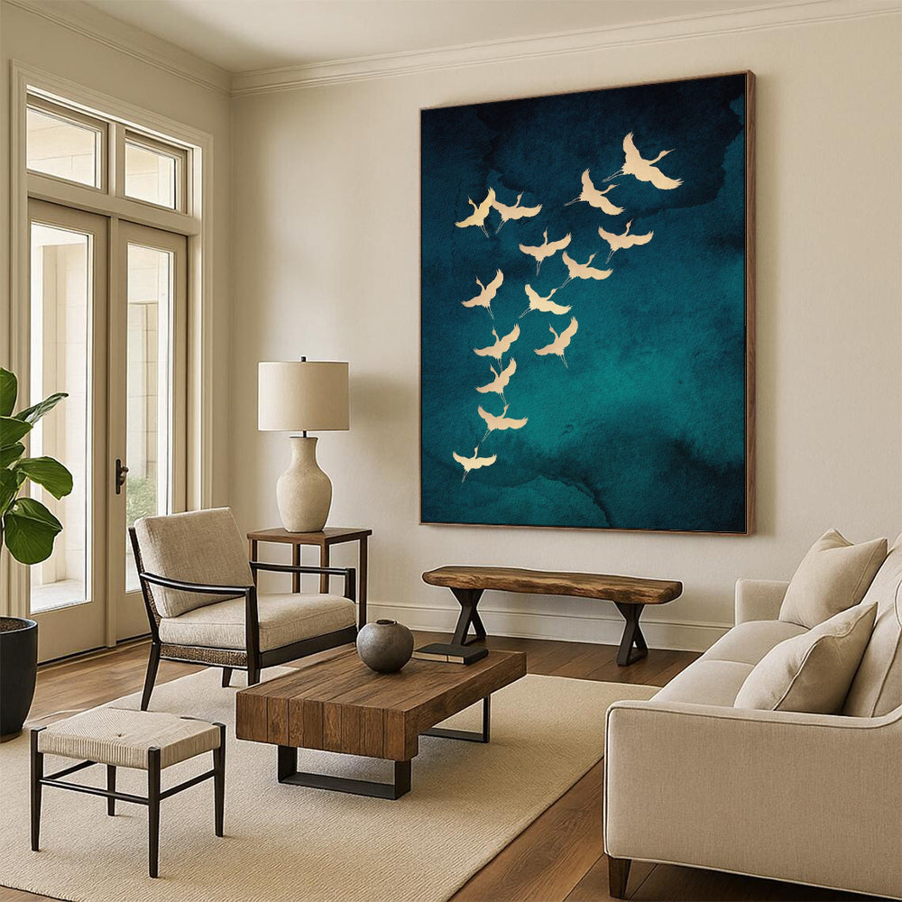 “Golden Cranes on Teal” - Nature - Inspired Painting On Canvas PT1919