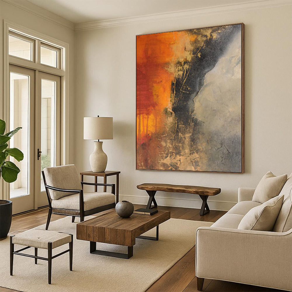 “Orange and Gray Abstract Contrast” - Abstract Impasto Painting On Canvas PS0026