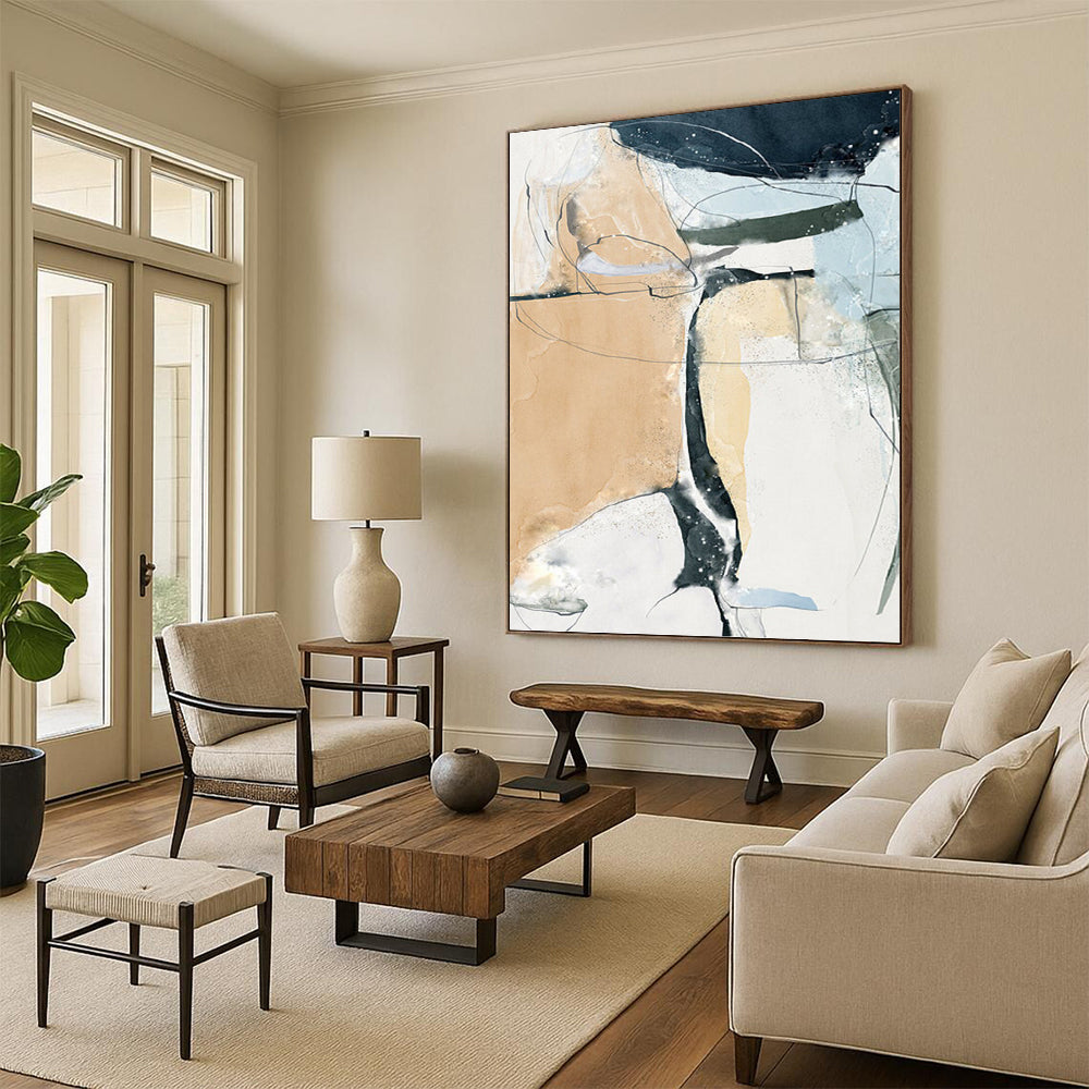 “Neutral and Blue Abstract Lines” - Abstract, Delicate - Styled Painting On Canvas PT1523