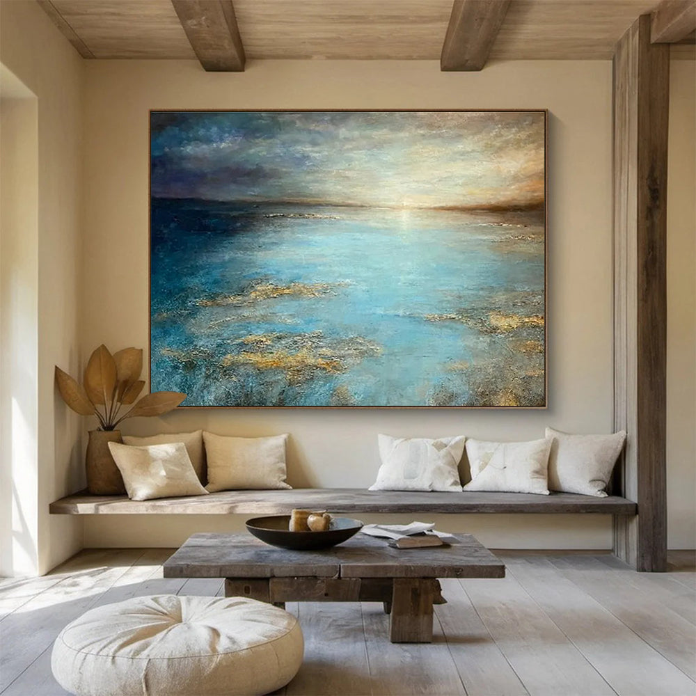 “Tranquil Blue Sea” - Blue, Gray & Gold Seascape, Impressionistic Oil Painting On Canvas DKS771