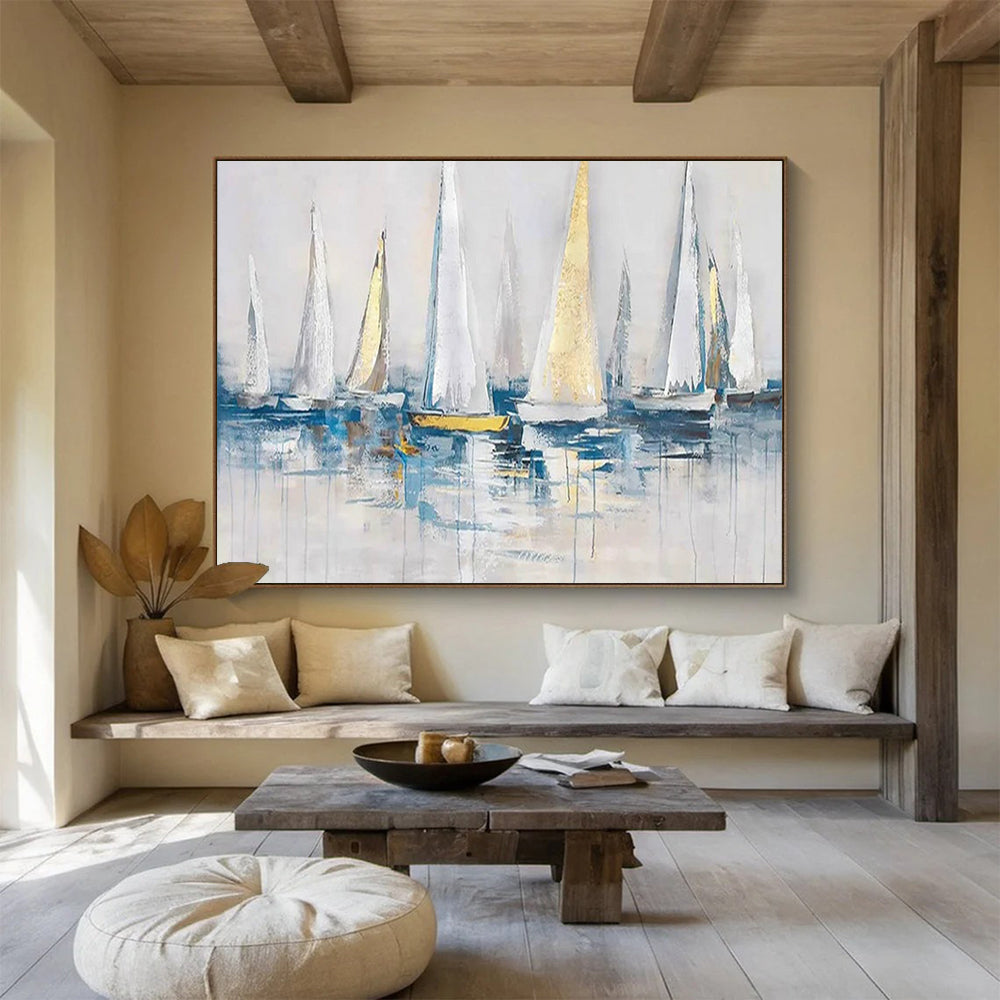 “White - Gold Sailboats” - Impressionistic Nautical Painting On Canvas PT257