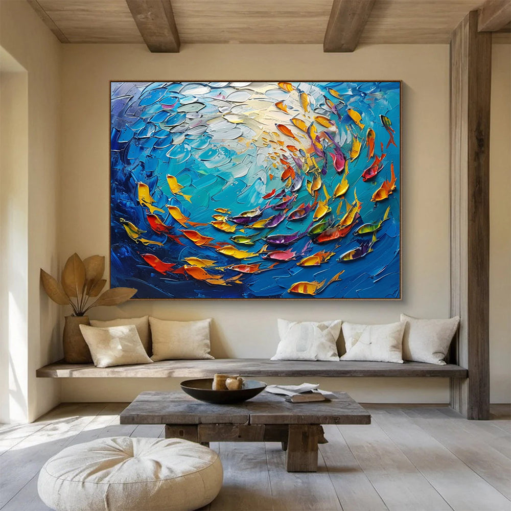 “3D Colorful Fish School” - Textured Underwater Painting On Canvas PT199