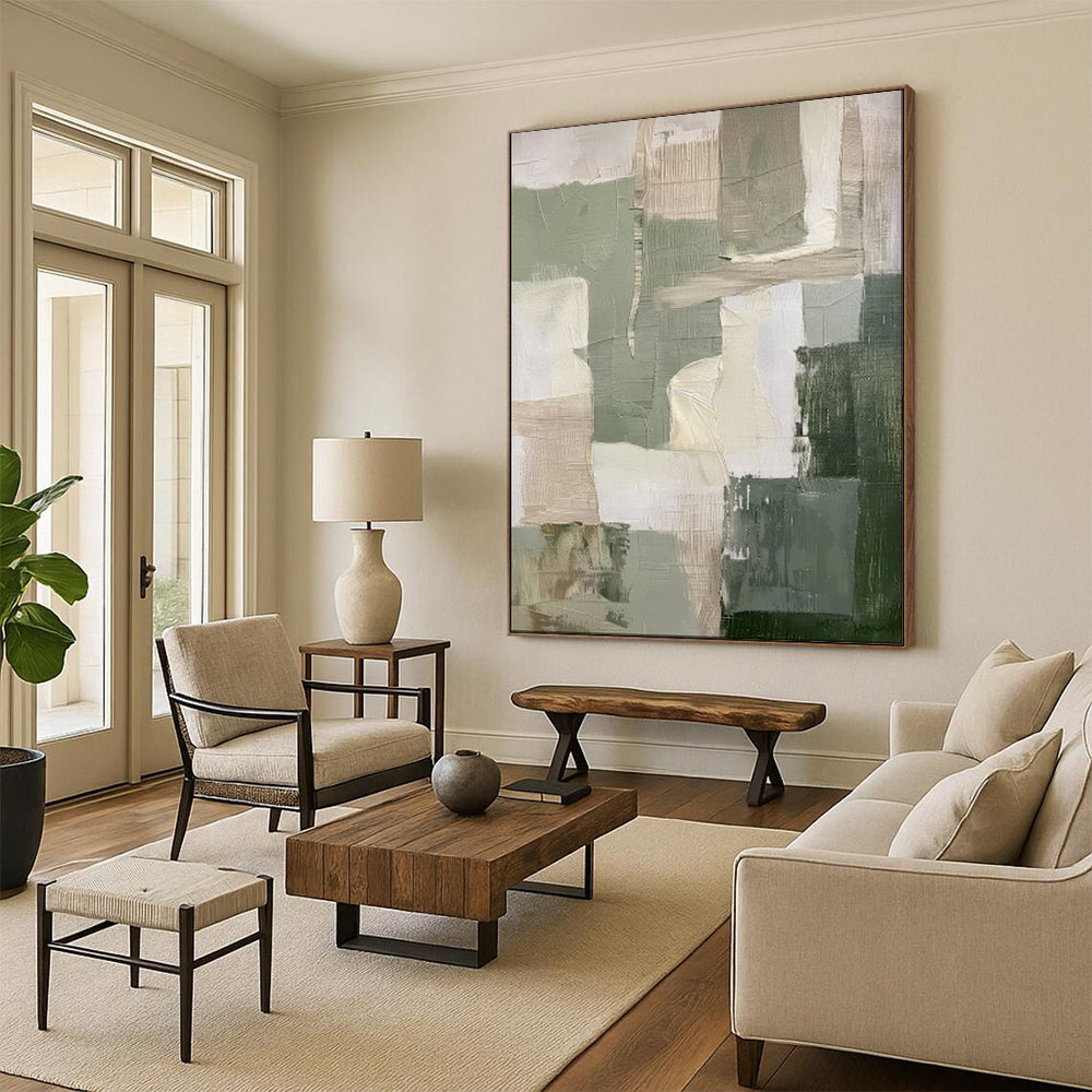 “Earthy Greens and Neutrals Abstract Blocks” - Abstract Painting On Canvas PT2053