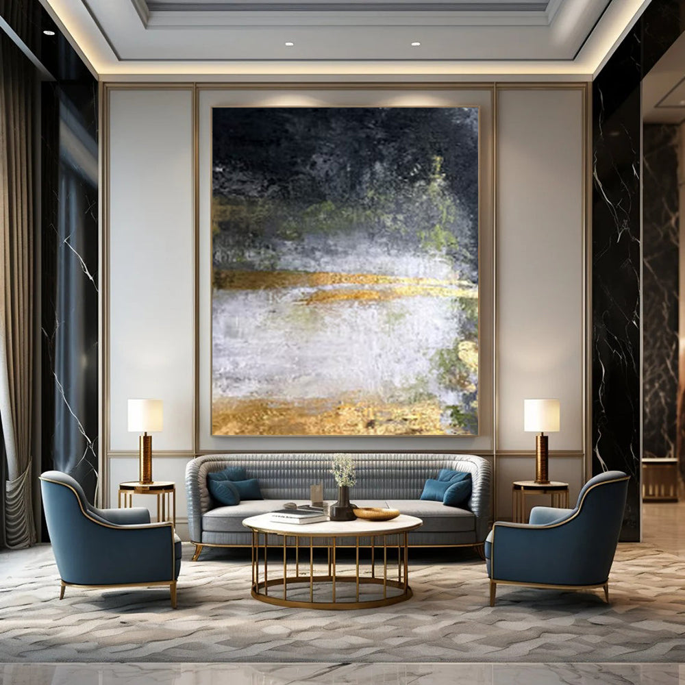Black, Green, Gold, and White Layered, "Mystic Veil" – Layered Abstract Painting On Canvas PS1008