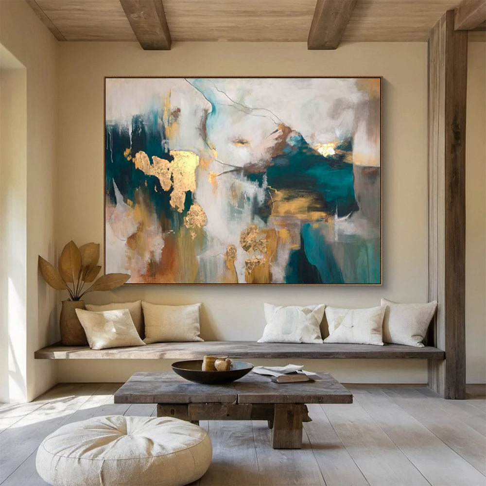 “Teal - Gold Abstract Shapes” - Rich Tones “Opulent Waves” Painting On Canvas PT1632