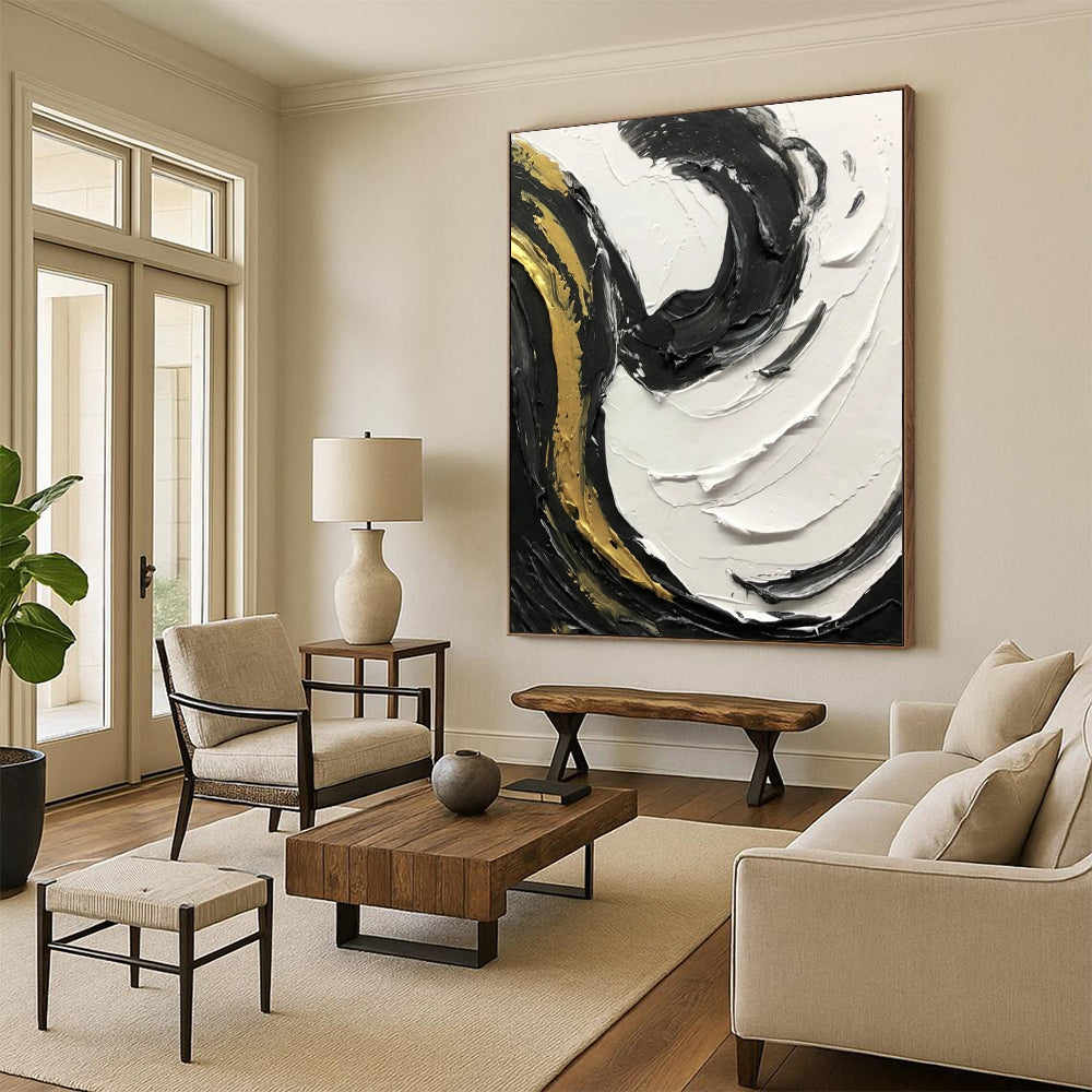 “Black, White, and Gold Swirling Textures” - Opulent Abstract Painting On Canvas DS381