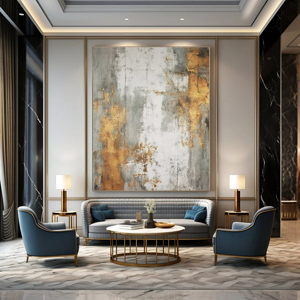 Gray, Gold, White with Textured Layers "Gilded Whispers" Abstract Painting On Canvas PS1271