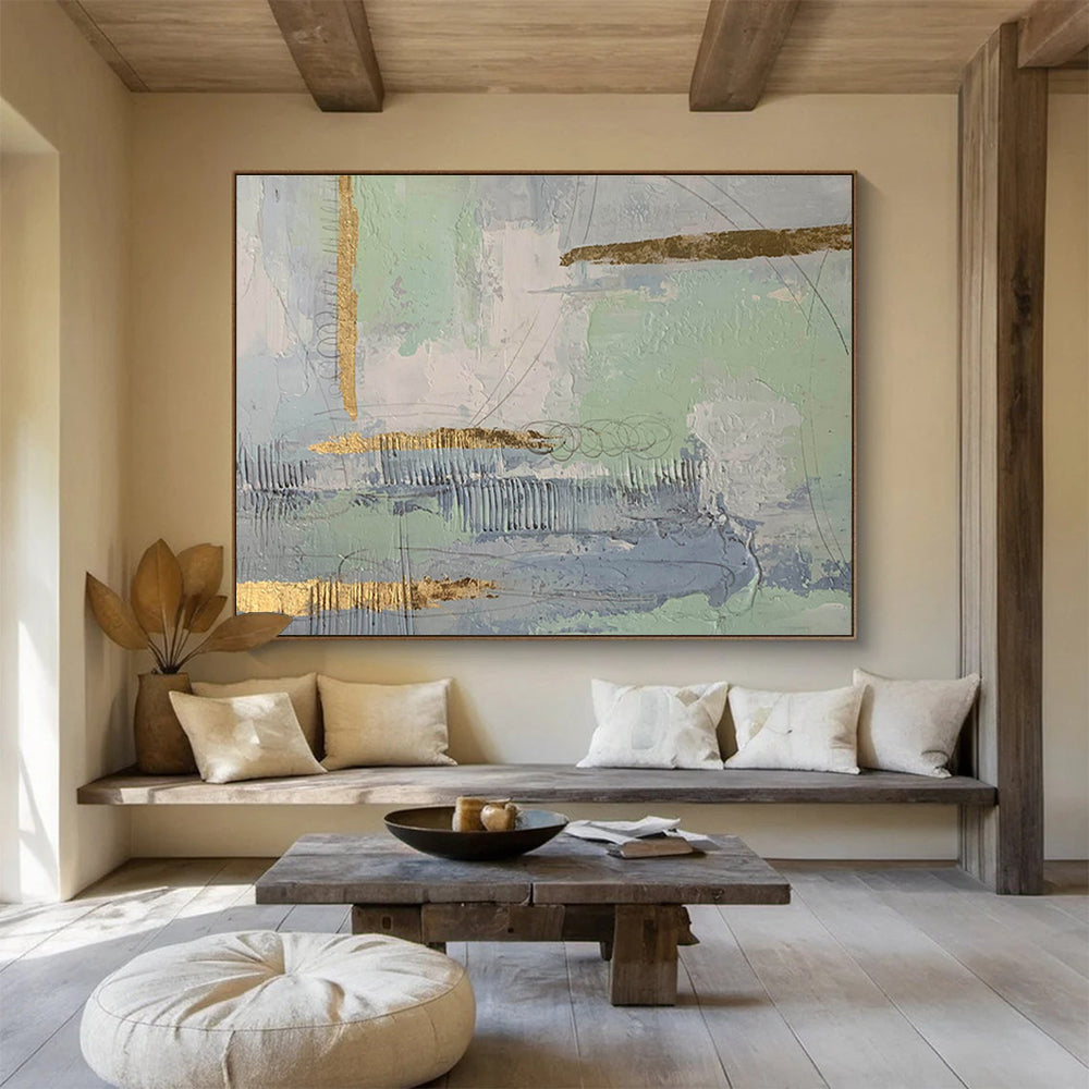 Pastel Greens and Blues with Gold Abstract Painting On Canvas DKS179