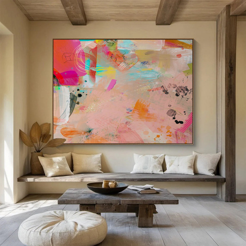 Pink - Toned Abstract with Splashes Painting On Canvas DKS079