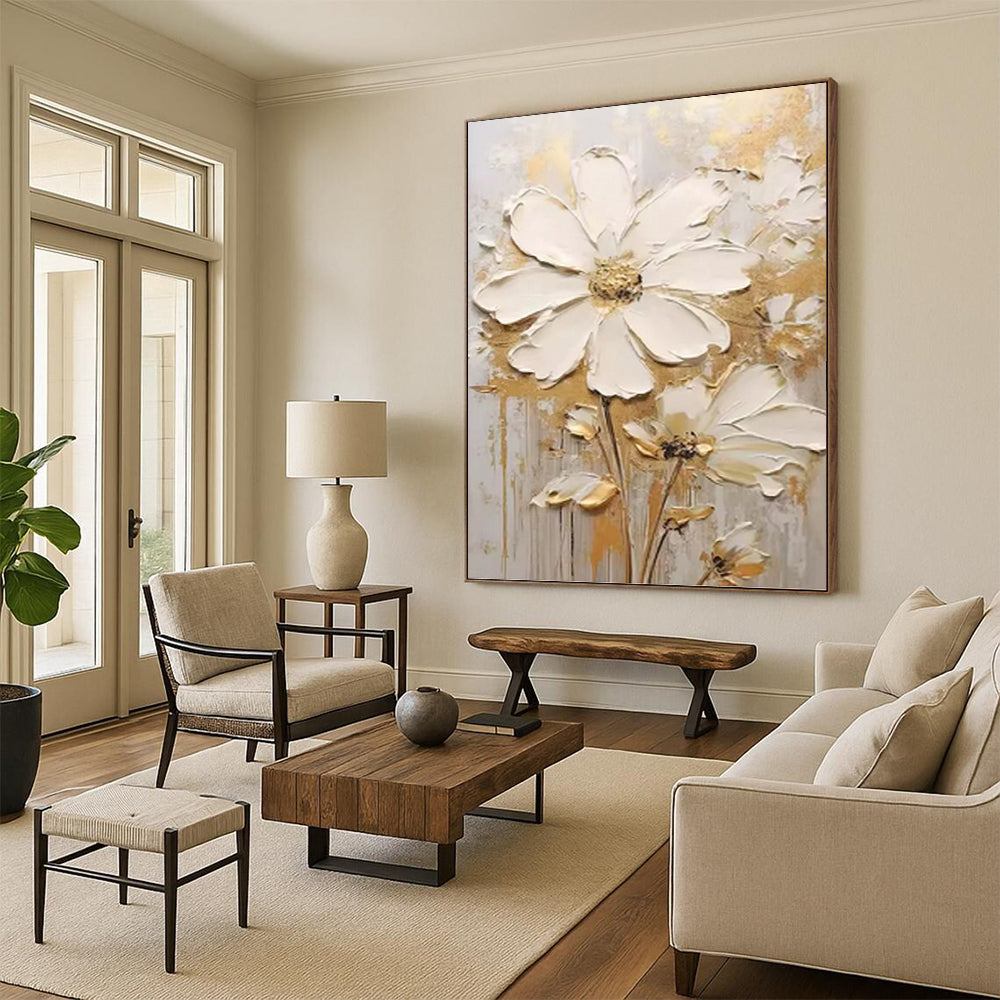 “White - Gold Floral Impasto” - Impressionist - Inspired Floral Painting On Canvas PT1395