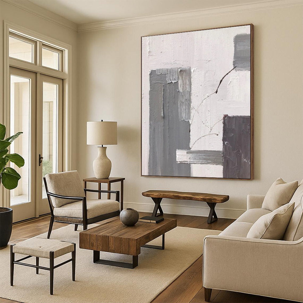 “Layered Rectangles: Gray, White Abstract” - Subtle Abstract Painting On Canvas DS396