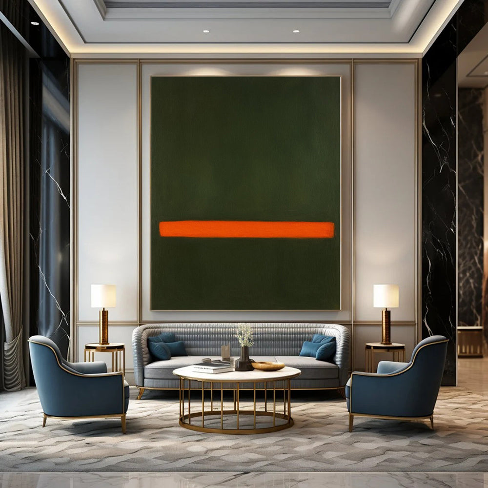 Dark Green, Orange with a Bold Stripe "Nature's Accent" Abstract Painting On Canvas PS1191