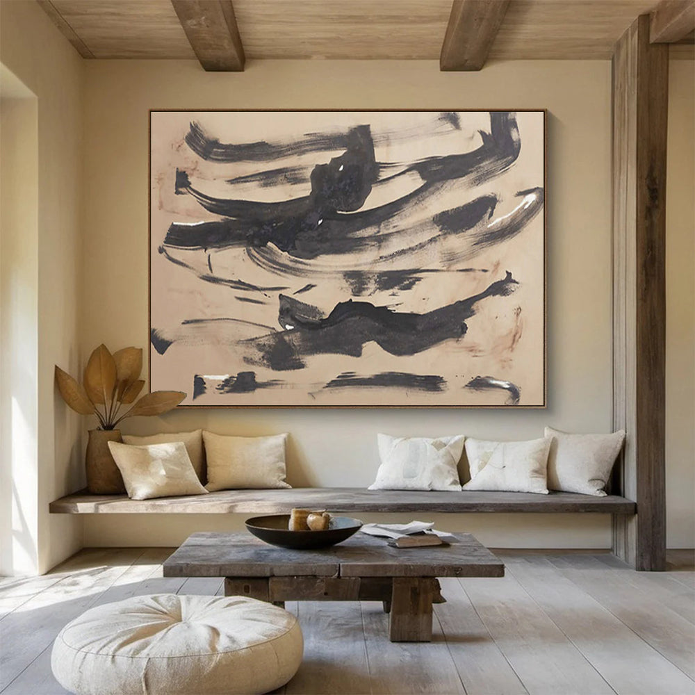 “Ink Wash Abstraction” - Black & Beige Abstract, Minimalist Ink Painting On Canvas DKS735