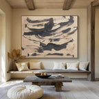 “Ink Wash Abstraction” - Black & Beige Abstract, Minimalist Ink Painting On Canvas DKS735
