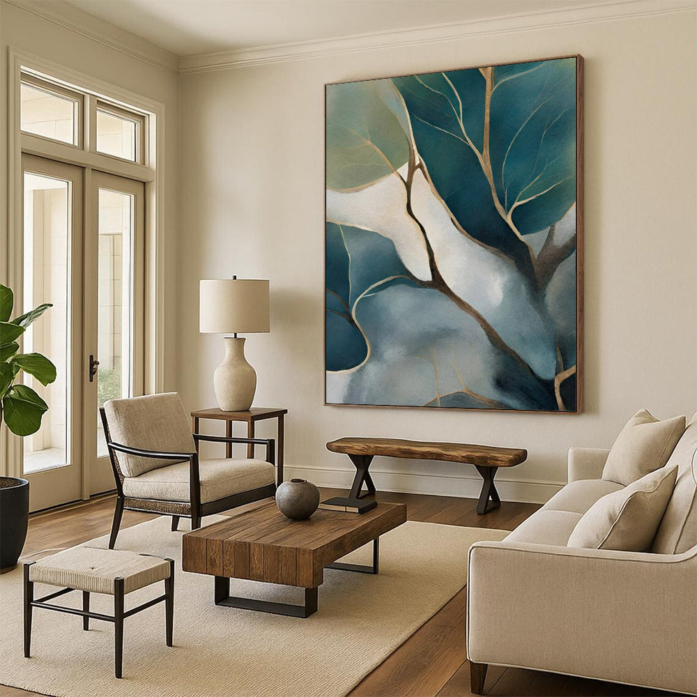 “Teal and Gold Leafy Branches” - Botanical Watercolor - Style Painting On Canvas PT2253