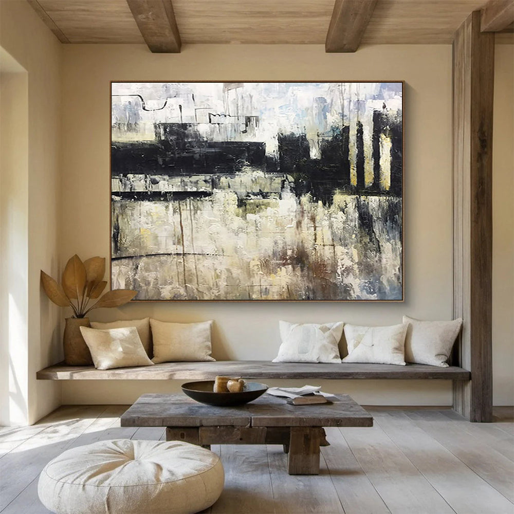 “Monochromatic Urban Abstract” - Black, White & Gray Abstract Cityscape, Moody Oil Painting On Canvas DKS717