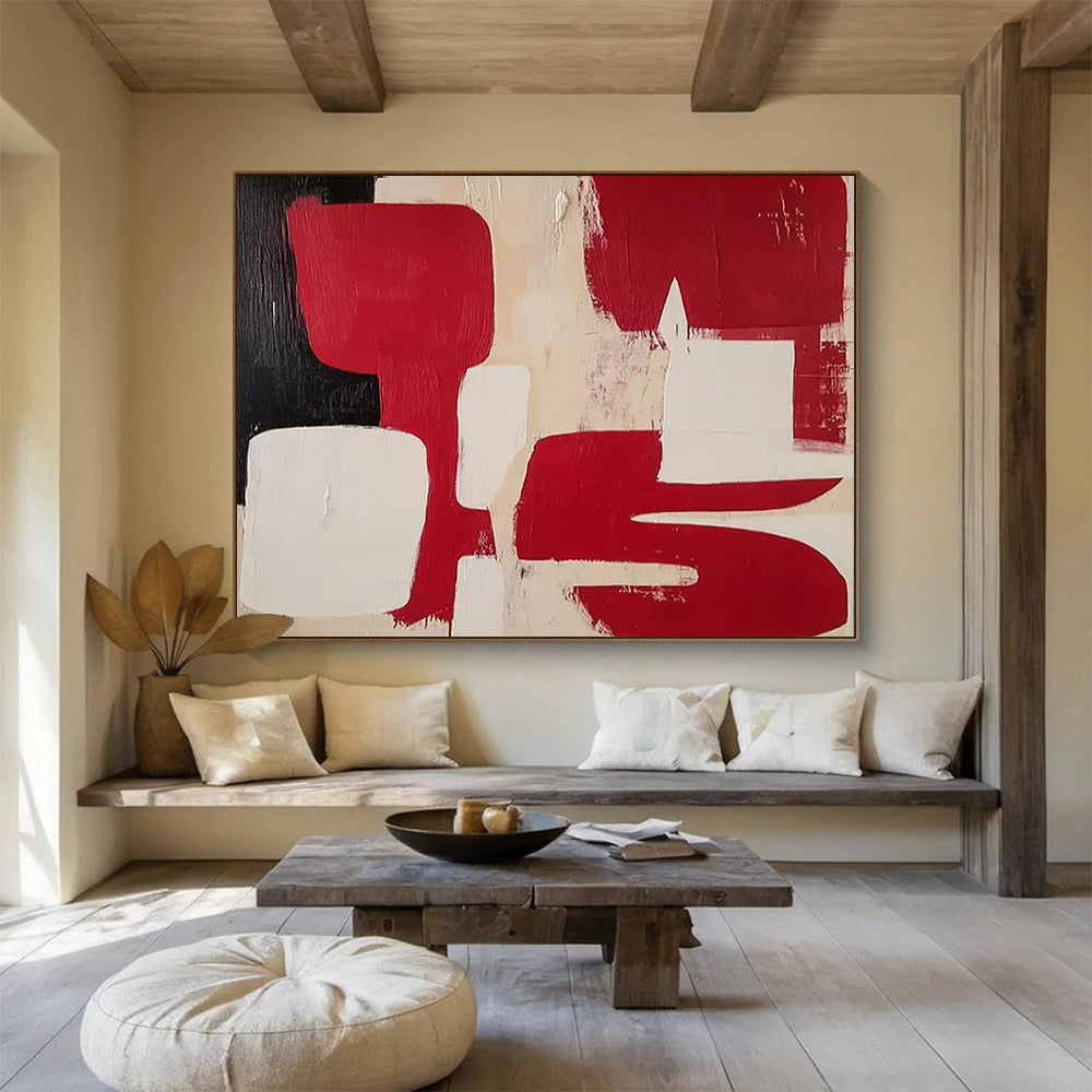 “Red, White, Black Geometric Shapes” Geometric Abstract Painting On Canvas PT1802