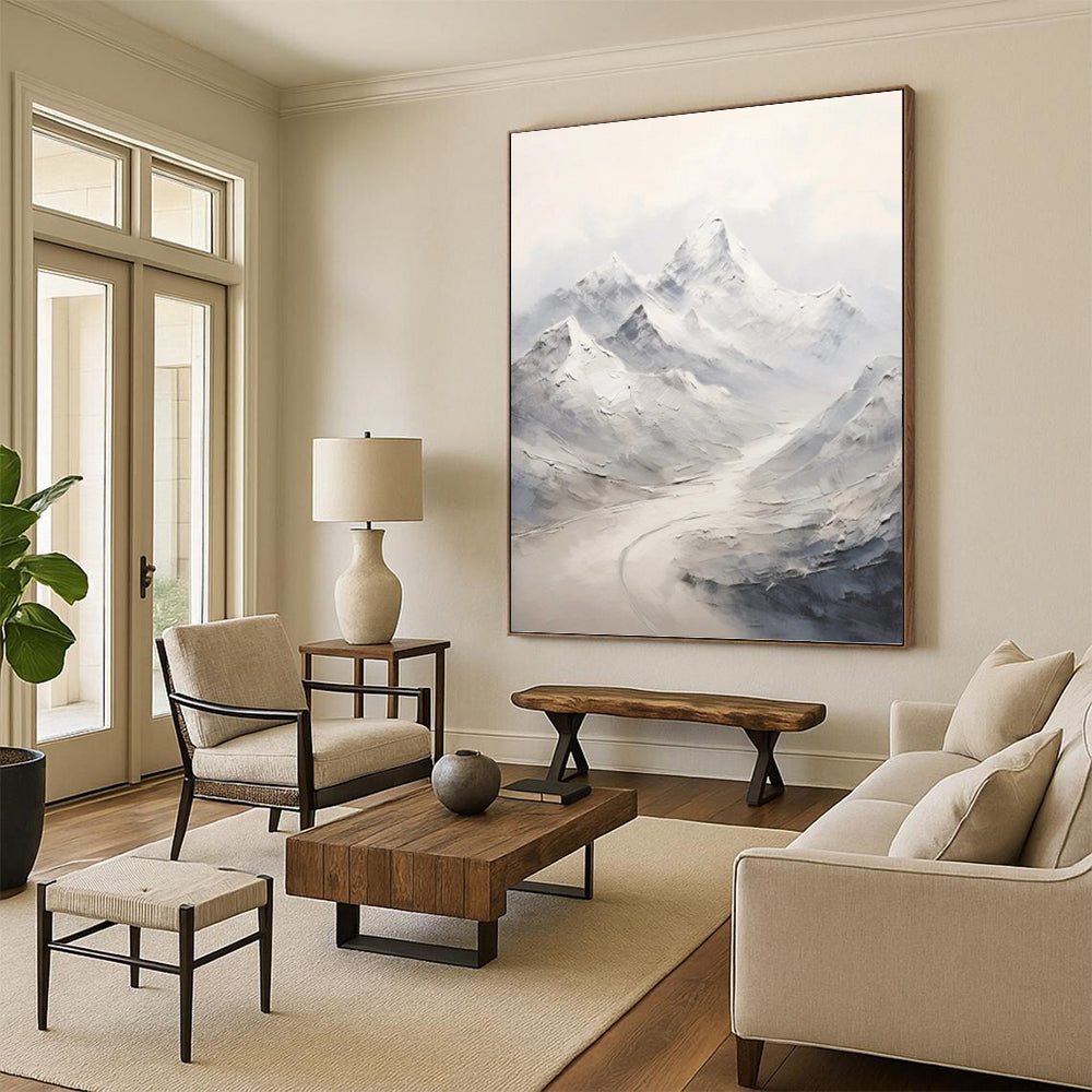 “Grey - White Snowy Mountain Range” - Impasto Landscape Painting On Canvas PT1264