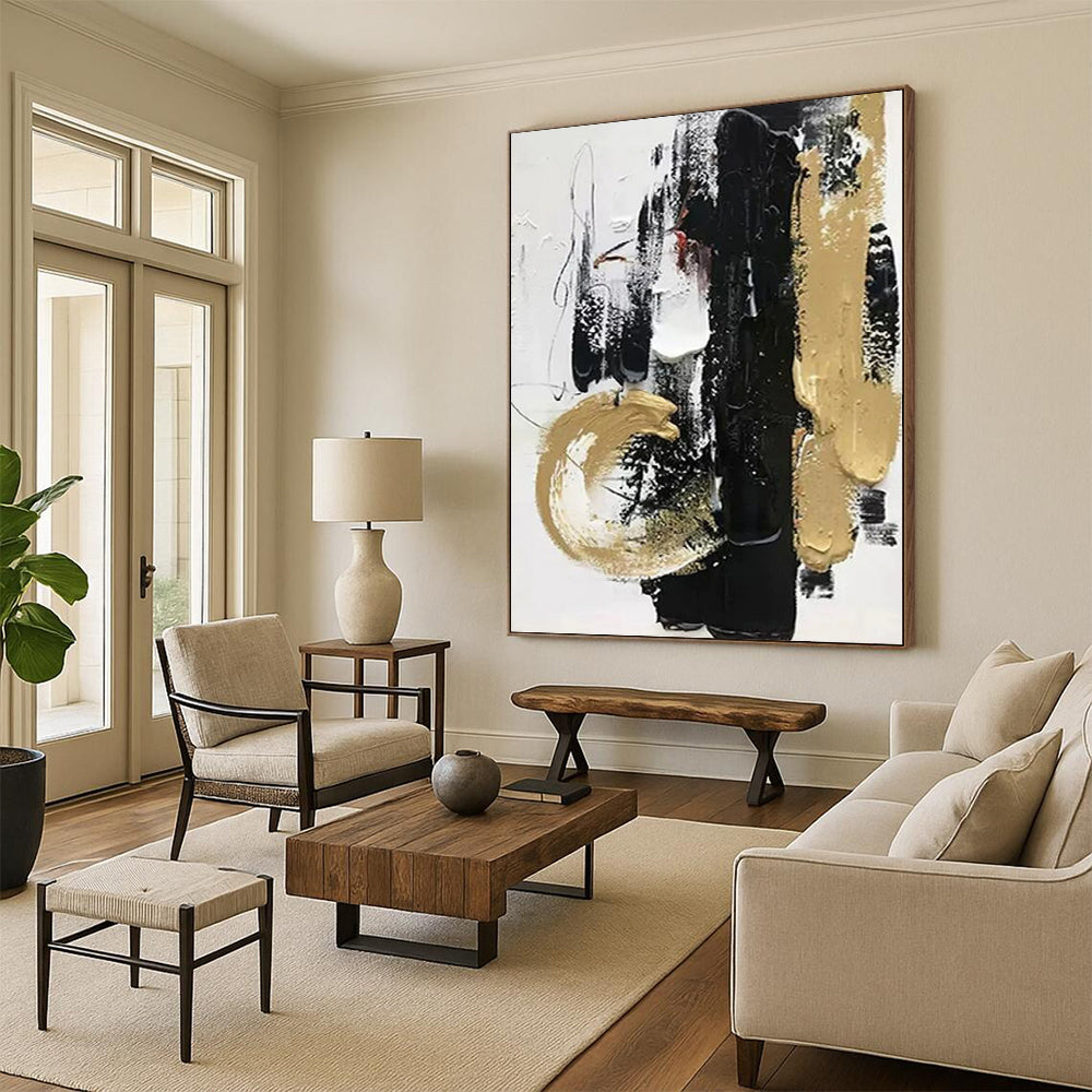 “Dynamic Black - Gold Abstract Brushstrokes” - Expressive Abstract Painting On Canvas PS0278