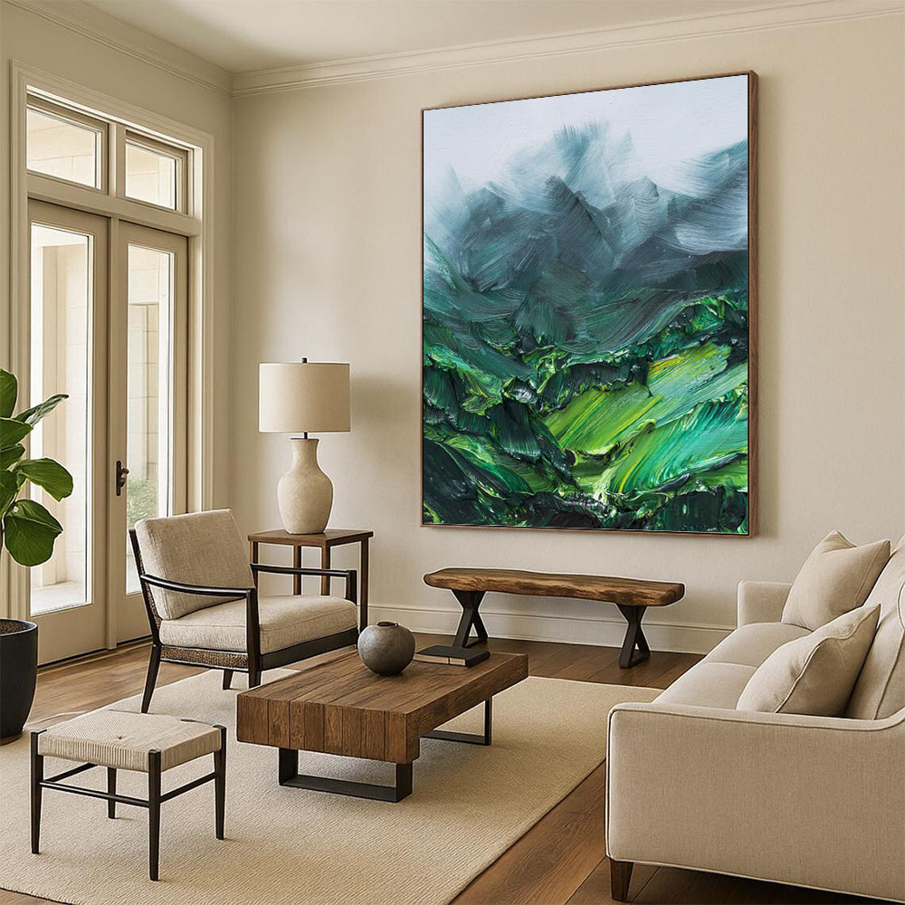 “Green Mountain Textures: Impasto Landscape” - Bold Nature Painting On Canvas PT0944