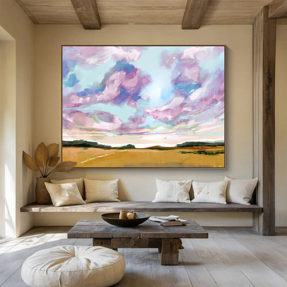 “Vibrant Sky and Field Abstract Landscape” - Cheerful Landscape Painting On Canvas PT149
