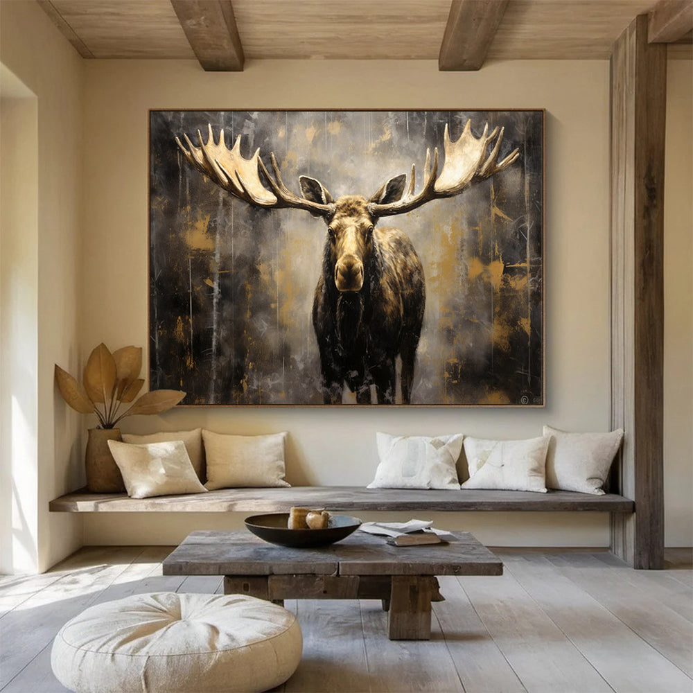“Gold and Brown Moose in Mist” - Dramatic Wildlife Painting On Canvas PT079