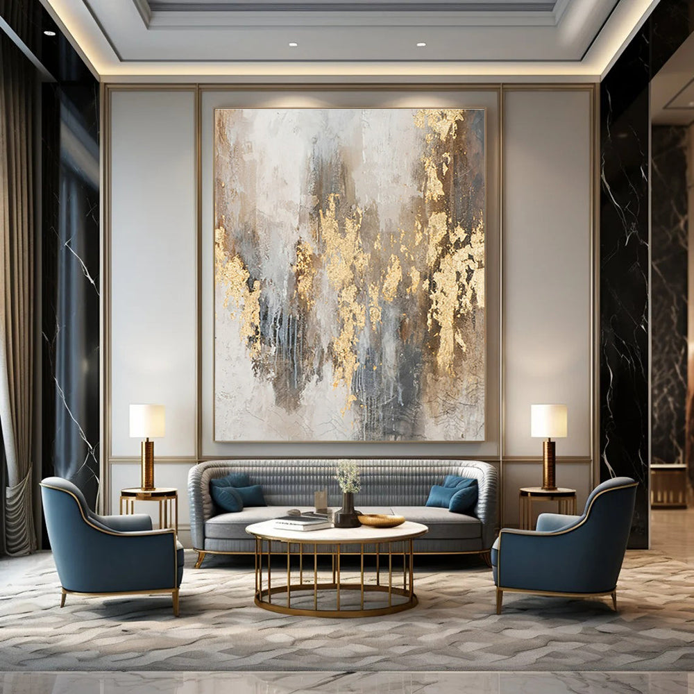 Gray, Brown, Gold with Textured Splashes "Gilded Grunge" Abstract Painting On Canvas PS1471