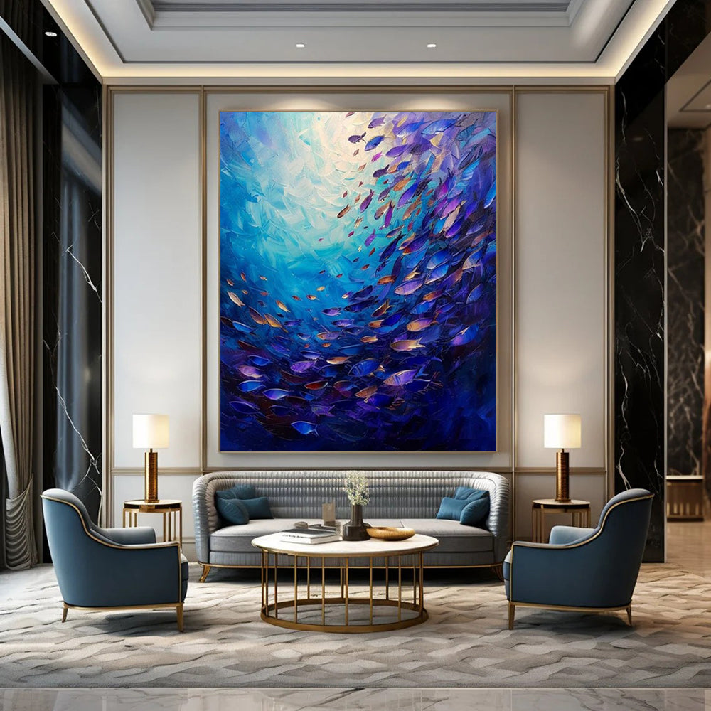 Blue - Hued Underwater Scene with Colorful Fish "Oceanic Symphony" Oil Painting On Canvas PS1064