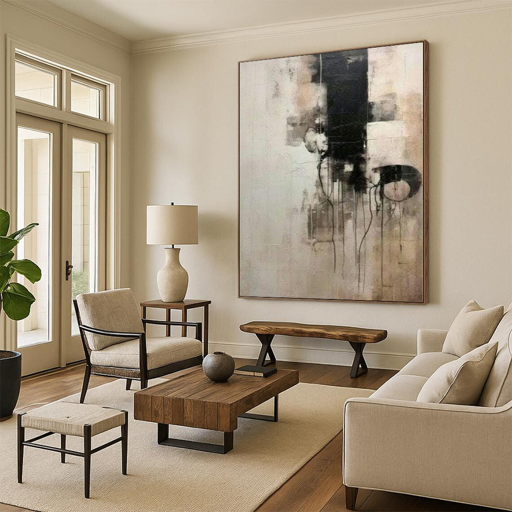 “Dramatic Black - and - White Abstract with Dripping Lines” - Bold Abstract Painting On Canvas PS0251