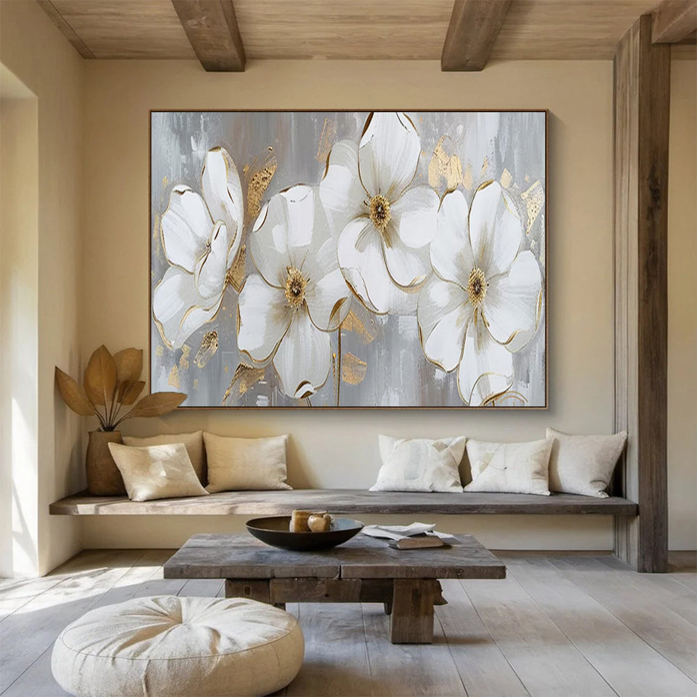 “White - Gold Floral Blooms” - Elegant Flowers “Gilded Garden” Painting On Canvas PT1653