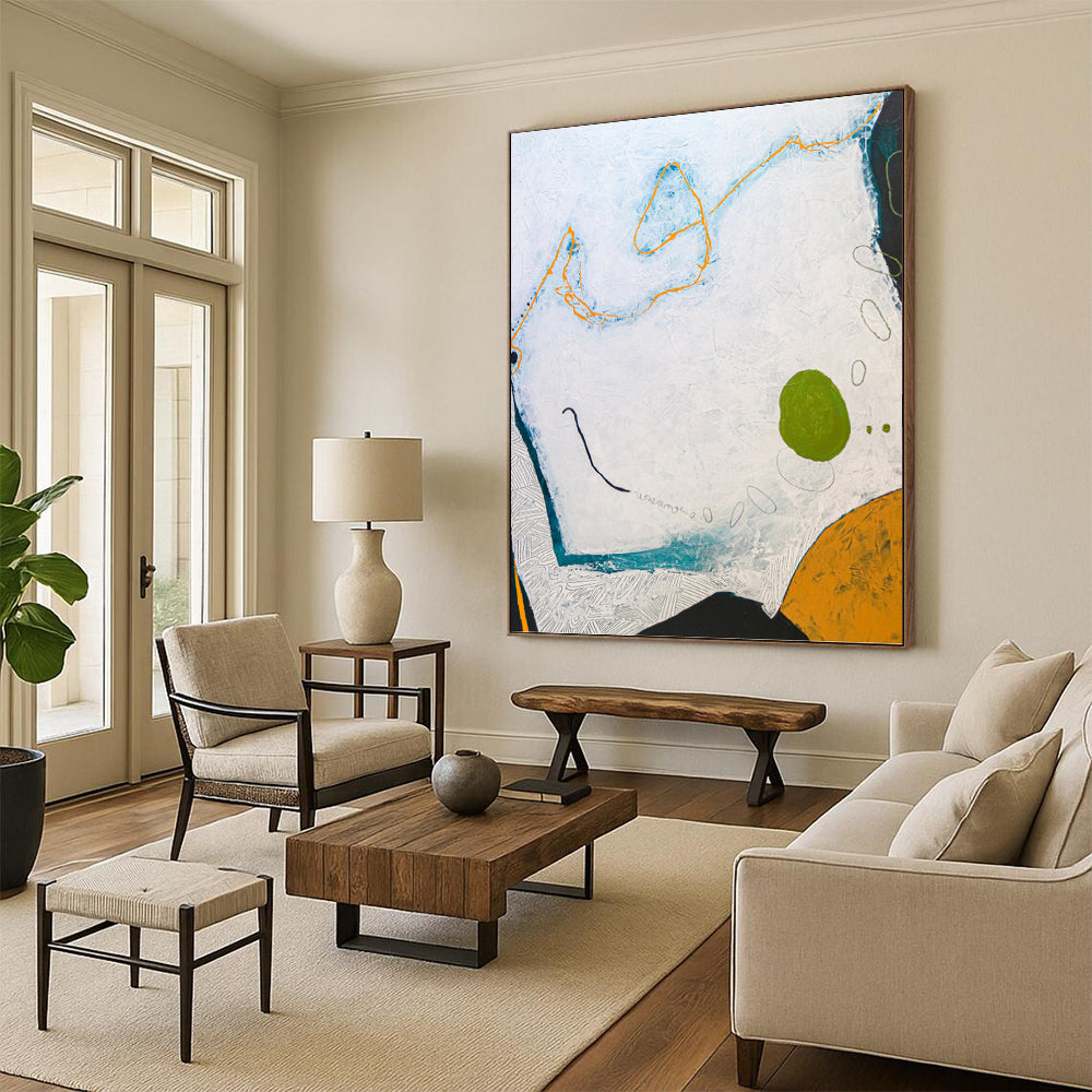 “White - Blue Abstract with Orange & Green” - Whimsical Abstract Painting On Canvas PT1110