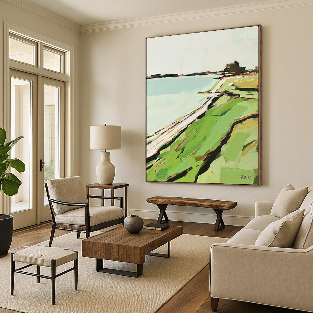 Coastal Contours Abstract Green & Blue Seaside, Painting On Canvas PT2147