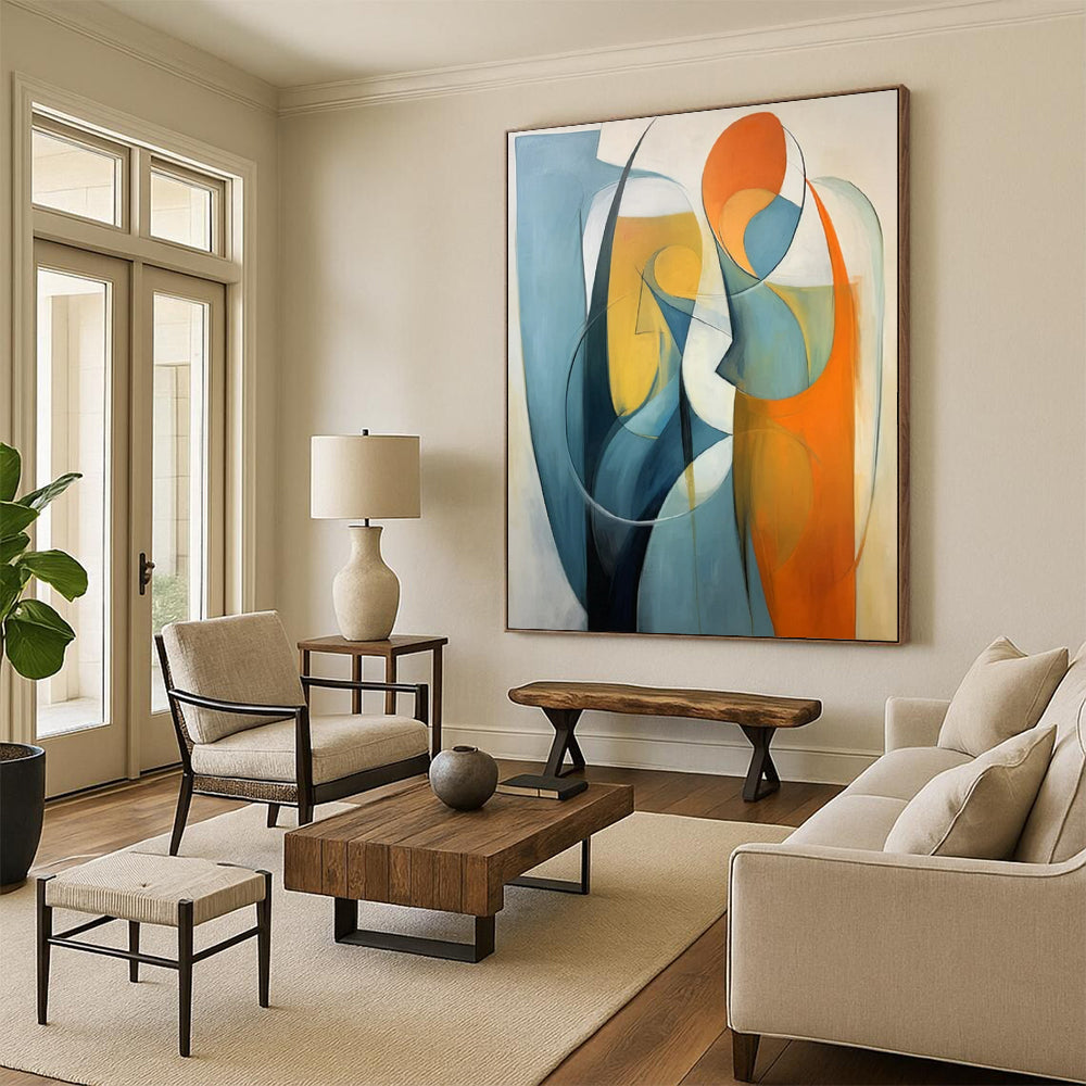 “Blue and Orange Abstract Figures” - Abstract Cubist Painting On Canvas PT2233