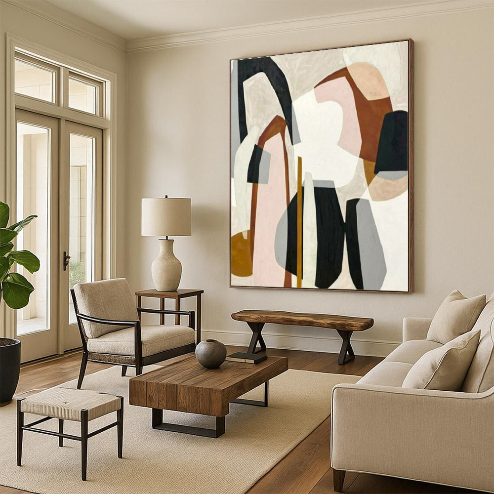 “Pastel Geometric Fusion” - Pink, Brown, Gray, Black Abstract Cubist Painting On Canvas PS0670