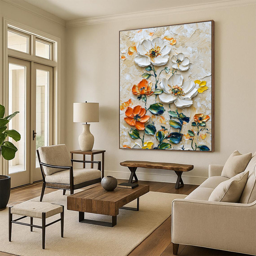 “Impasto White - Orange Floral Oil Art” - Oil Painting On Canvas PT2068