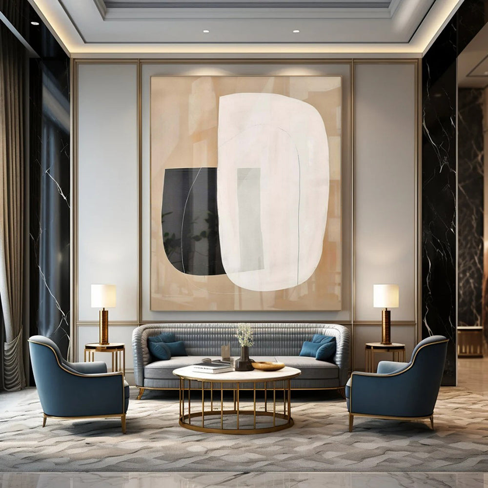 Beige, White, and Black Overlapping "Transparent Tranquility" Abstract Geometric Painting On Canvas PS1051