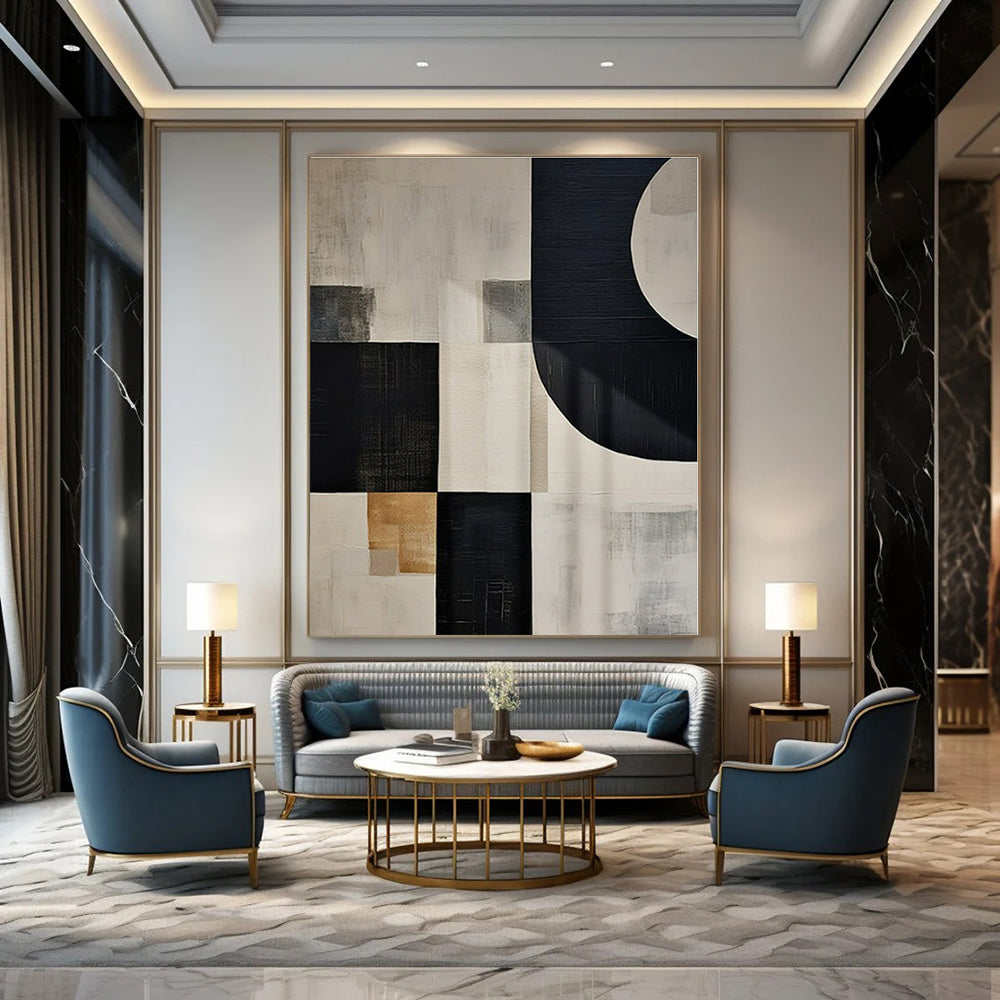 Black, White, Gray, Gold with Mixed Shapes "Elegant Fusion" Abstract Painting On Canvas PS1373