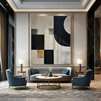 Black, White, Gray, Gold with Mixed Shapes "Elegant Fusion" Abstract Painting On Canvas PS1373