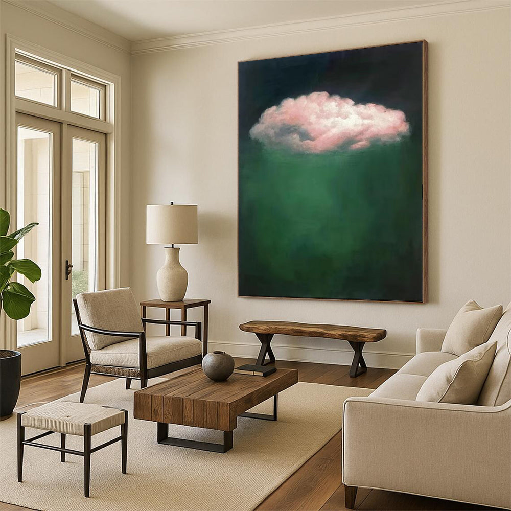 “Pink Cloud Over Green” - Surreal Cloud Painting On Canvas PT1984