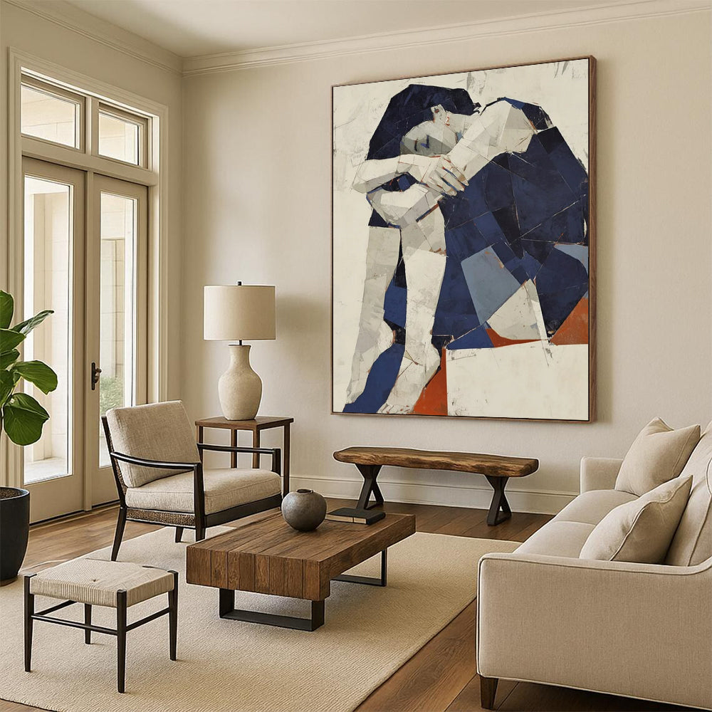 “Geometric Figure in Blue” - Cubist Mixed - Media Painting On Canvas PT2214