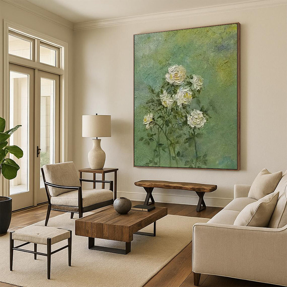 “White Roses on Green” - Textured Floral Painting On Canvas PT1987