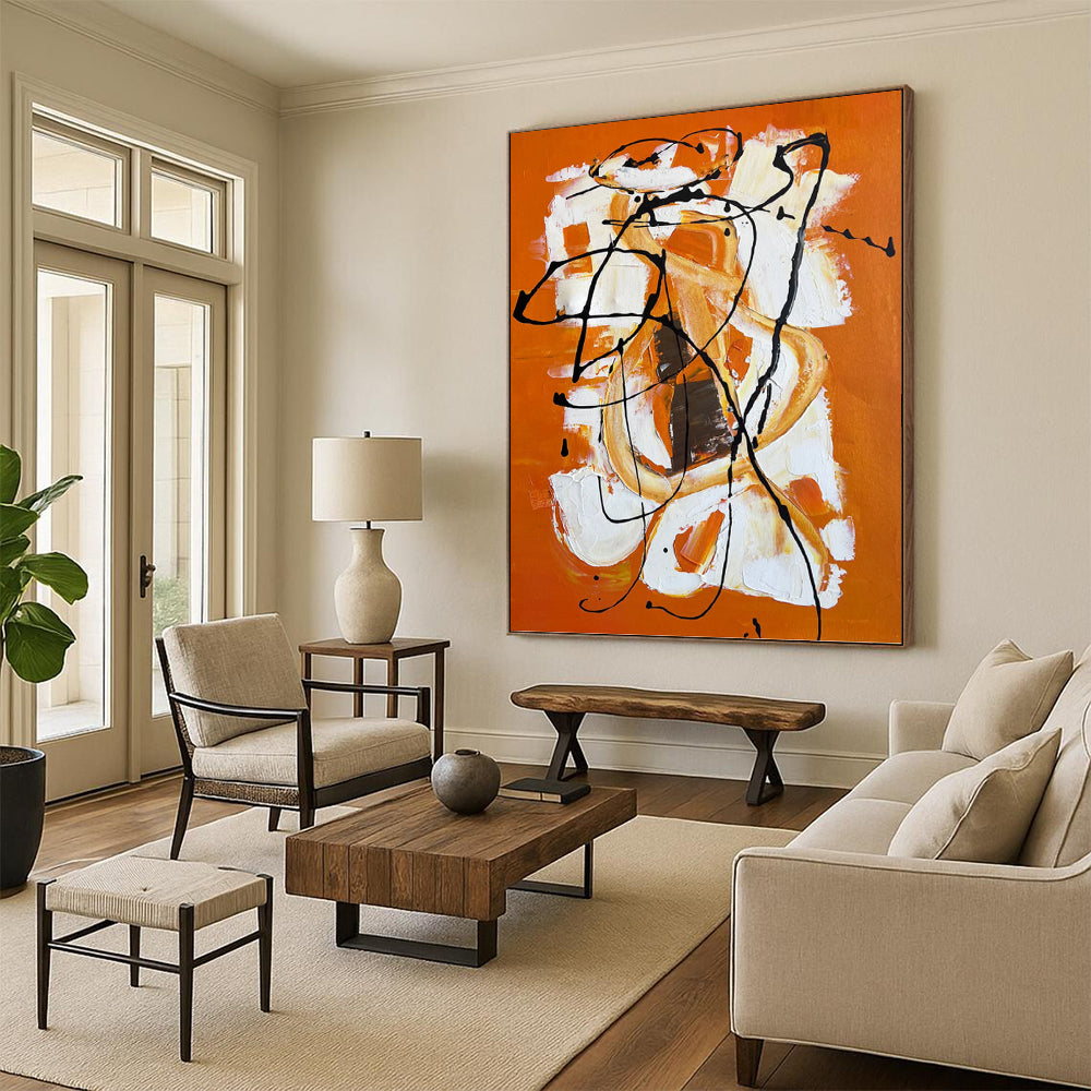 “Orange - White - Black Abstract Swirls” - Abstract Expressionist Painting On Canvas PT1221