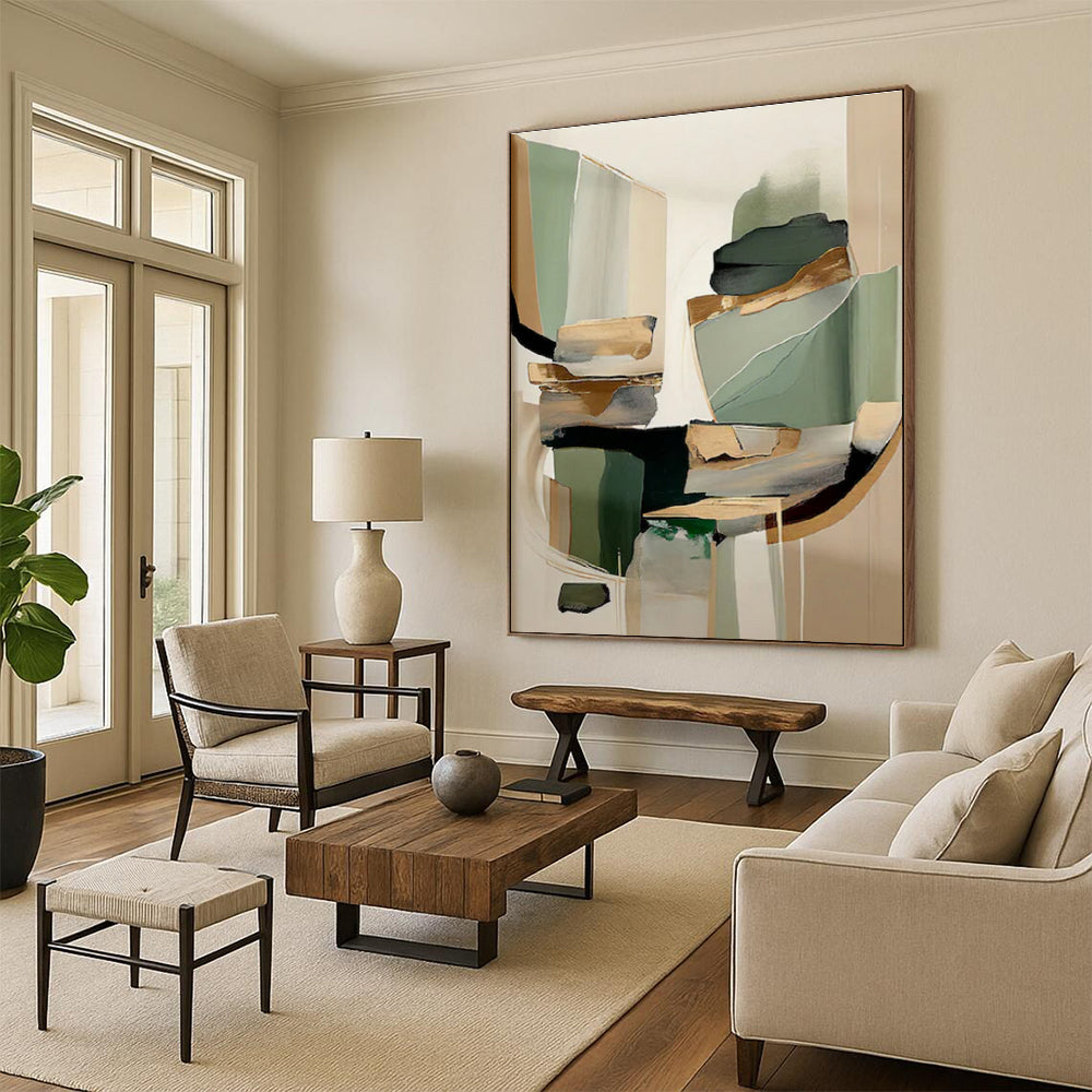 “Green - Gold Abstract Fusion” - Green, Gold, Beige Abstract Geometric Painting On Canvas PS0764