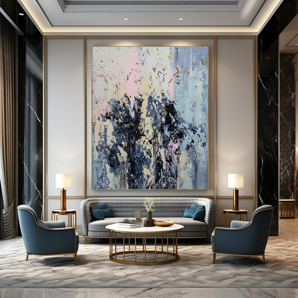 Light Blue, Pink, Gray, Gold with Textured Strokes "Ethereal Drizzle" Abstract Painting On Canvas PS1404