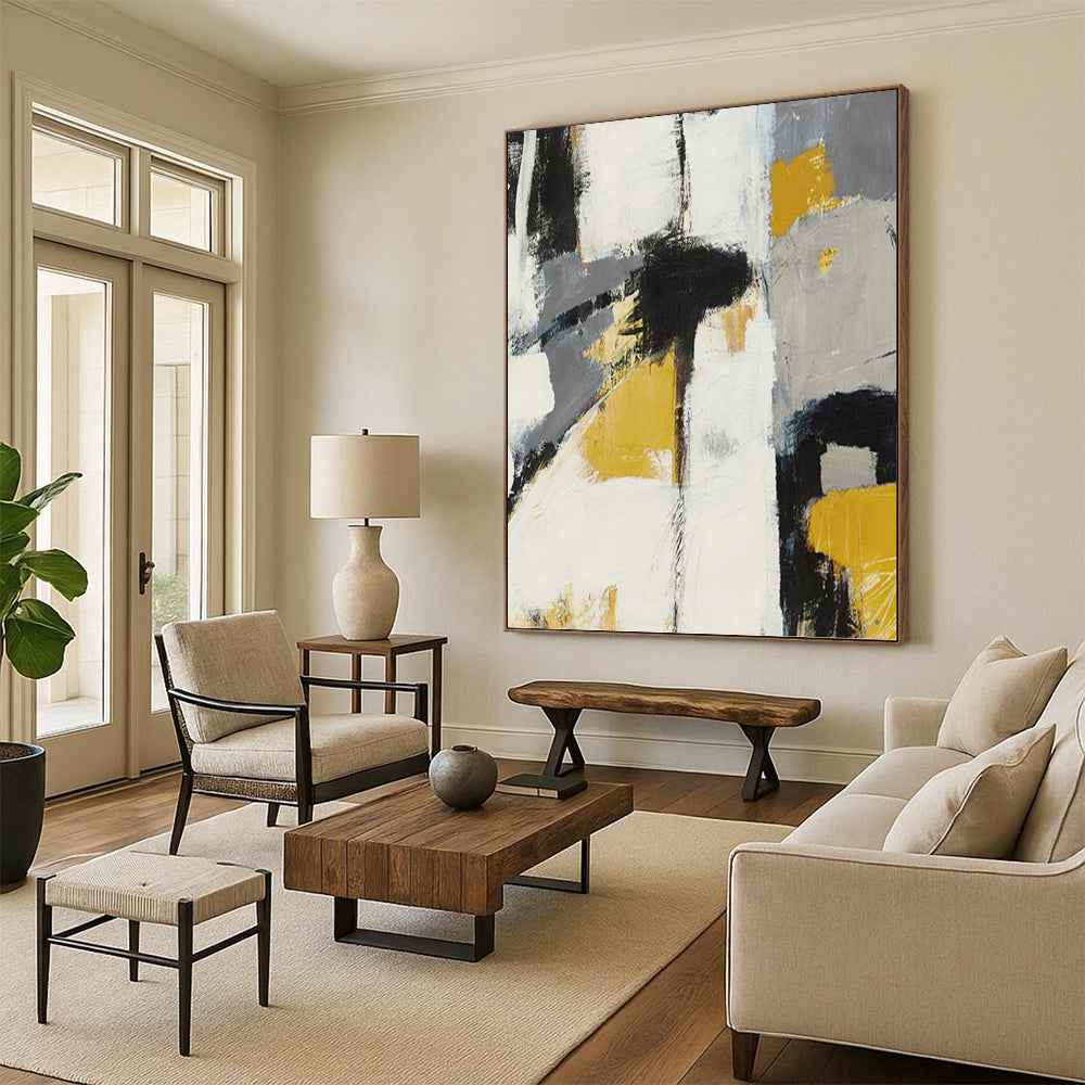 “Yellow, Gray, and Black Abstract” - Abstract, Bold - Colored Painting On Canvas PT1525