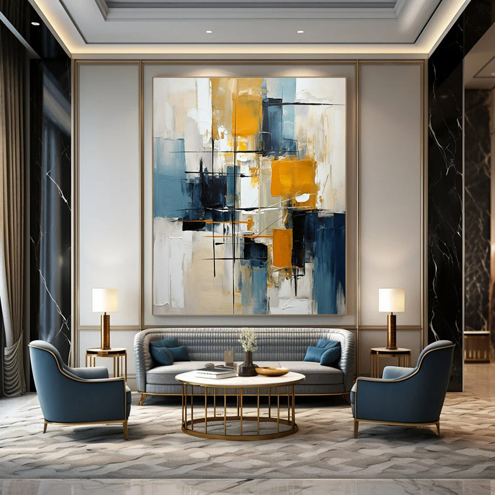 Blue, Yellow, Black, White with Dynamic Strokes "Urban Pulse" Abstract Painting On Canvas PS1452