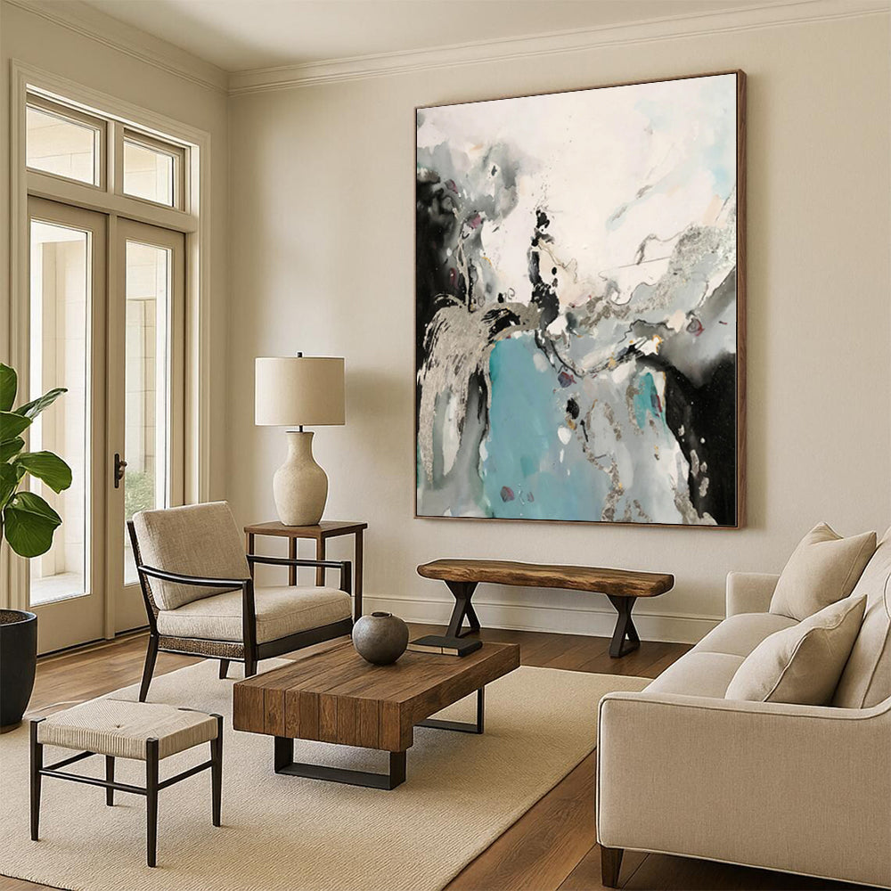 “Black - Blue - Silver Abstract Fluid Forms” - Mysterious Abstract Painting On Canvas PS0365