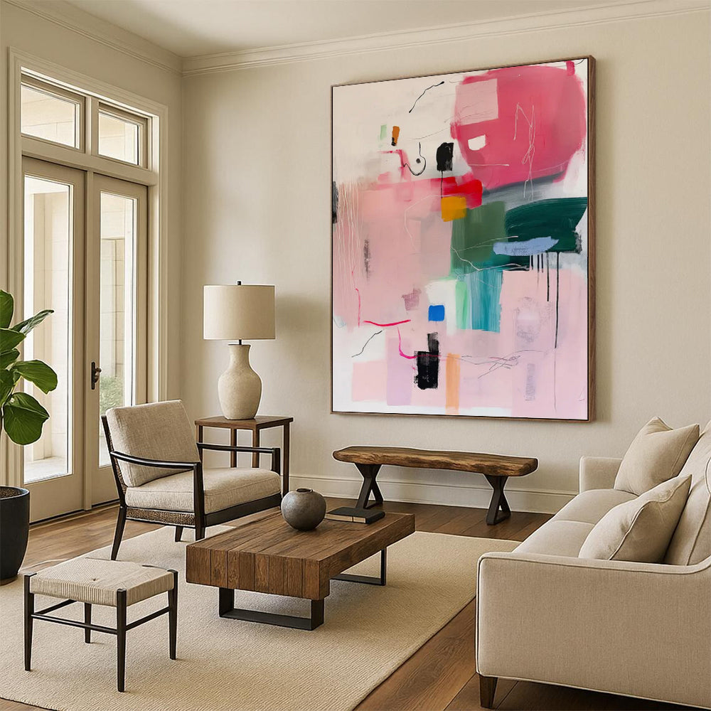 “Pink and Colorful Shapes Abstract” - Energetic Abstract Expressionism On Canvas PT0998