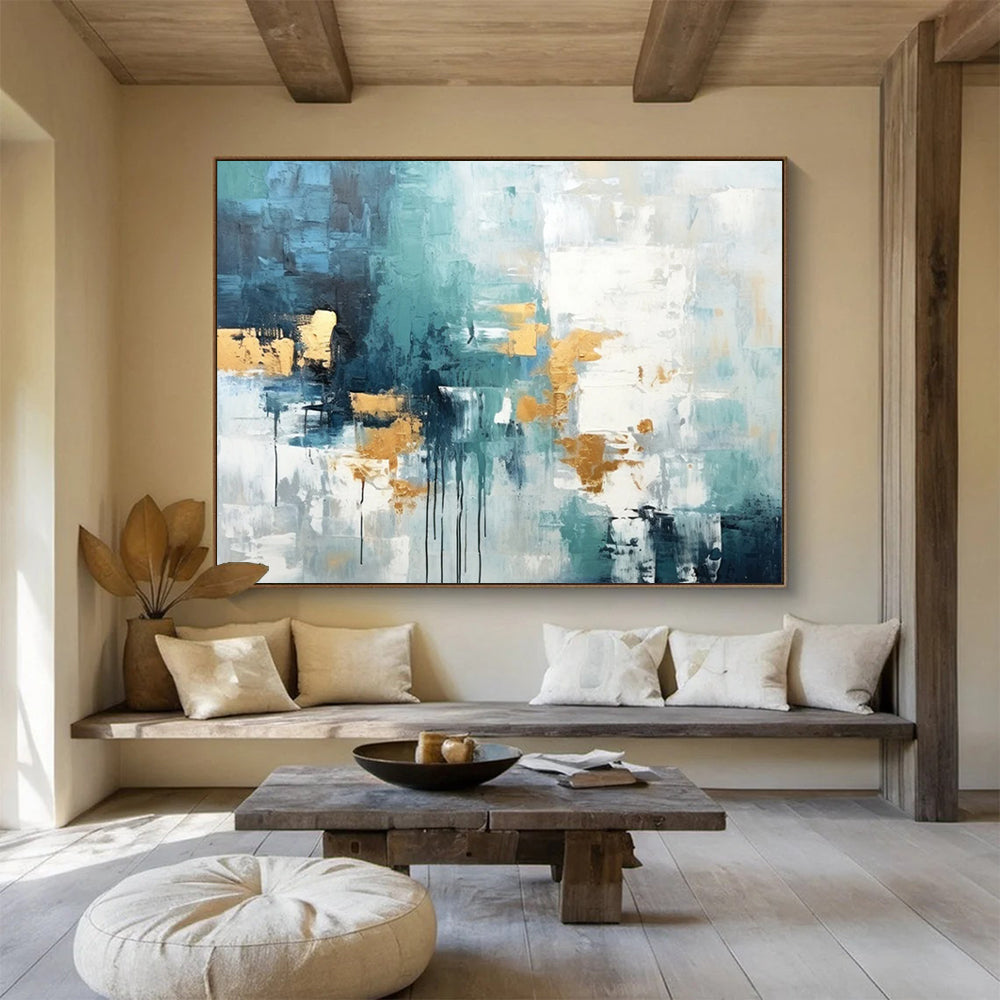 “Teal, Gray, and Gold Abstract Drips” - Modern Abstract Painting On Canvas PT073