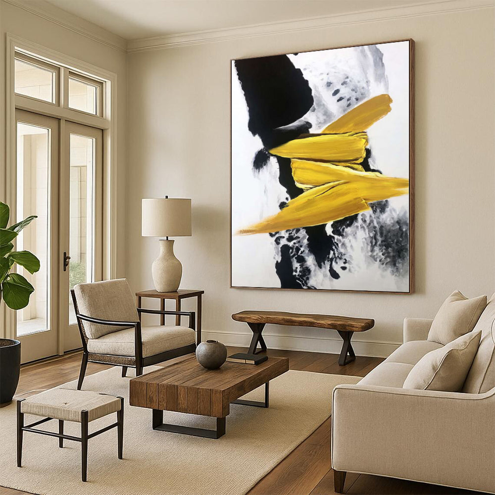 “Black - Yellow Abstract Bold Strokes” - Geometric Abstract Painting On Canvas PS0303